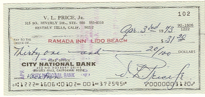 1973 Vincent Price Autograph Check