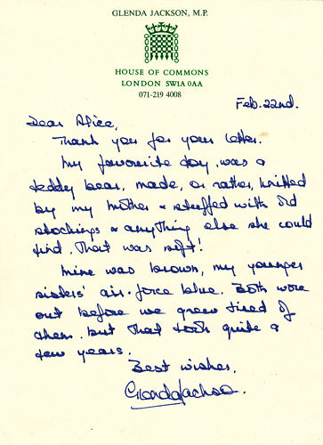 Glenda Jackson MP hand-written letter