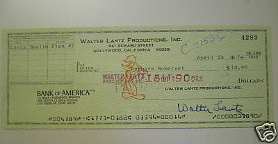 Walter Lantz Signed Check